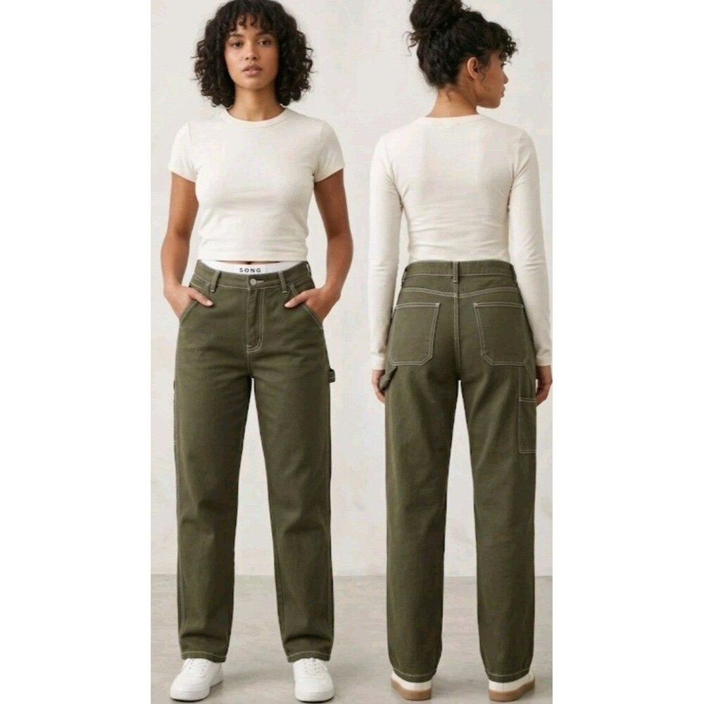 Song Women's Pant 17/33 Button Fly Green Pockets Straight Leg Cotton